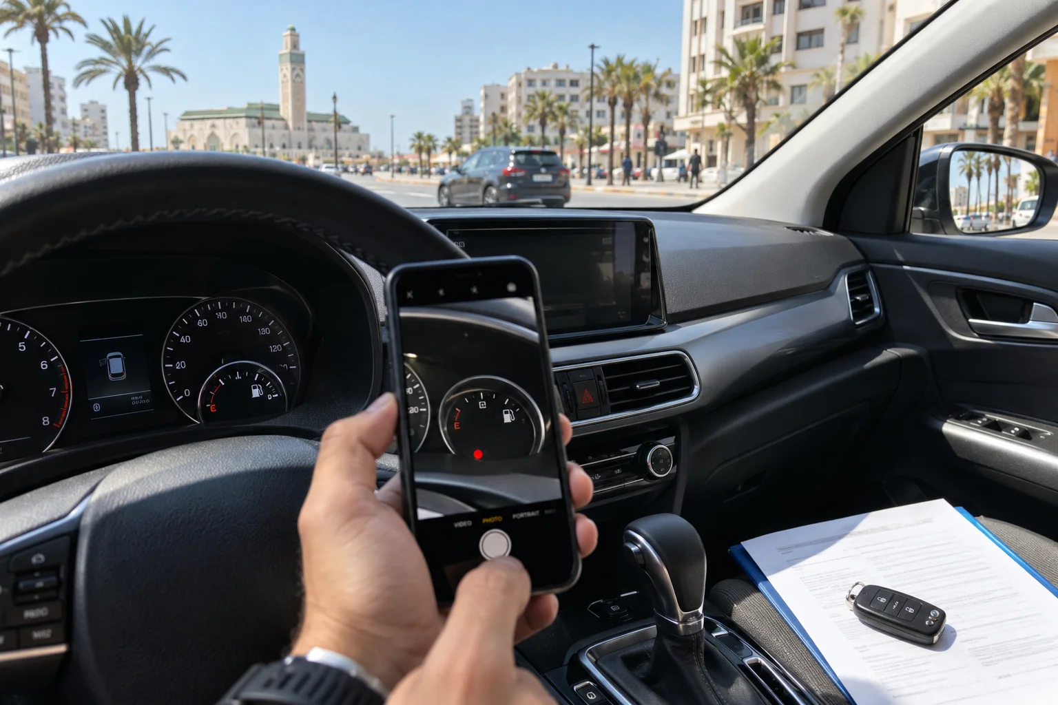 Checking rental car fuel and mileage before driving in Casablanca. car rental scams morocco