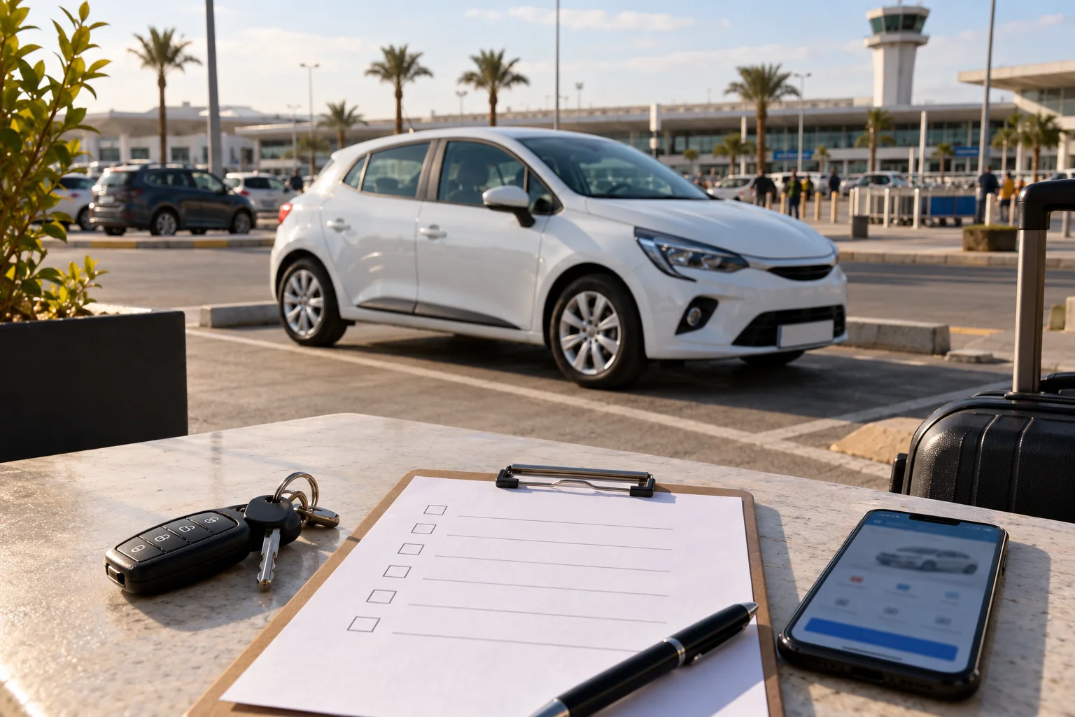Car rental keys and booking checklist beside an economy vehicle in Casablanca Airport parking. cheap car rental casablanca airport